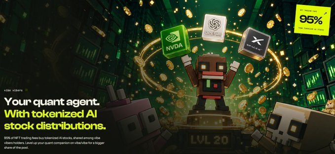 Promotional graphic for Vibe Vibing advertising 'Your quant agent. With tokenized AI stock distributions,' featuring logos for NVDA, OPENAI, and X, noting 95% of NFT trading fees are buy-tokenized AI stocks, and displaying a 95% discount code 'KULR' banner.