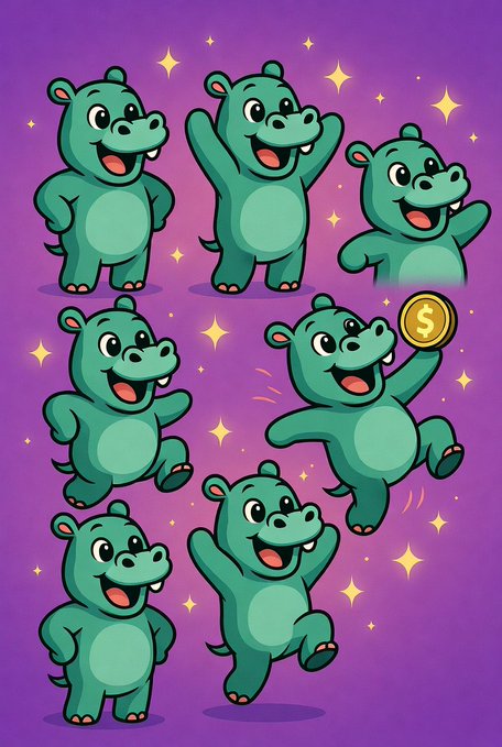 Cute cartoon teal hippo character sheet showing multiple poses on a purple background, with one hippo holding a gold dollar coin amid sparkles.