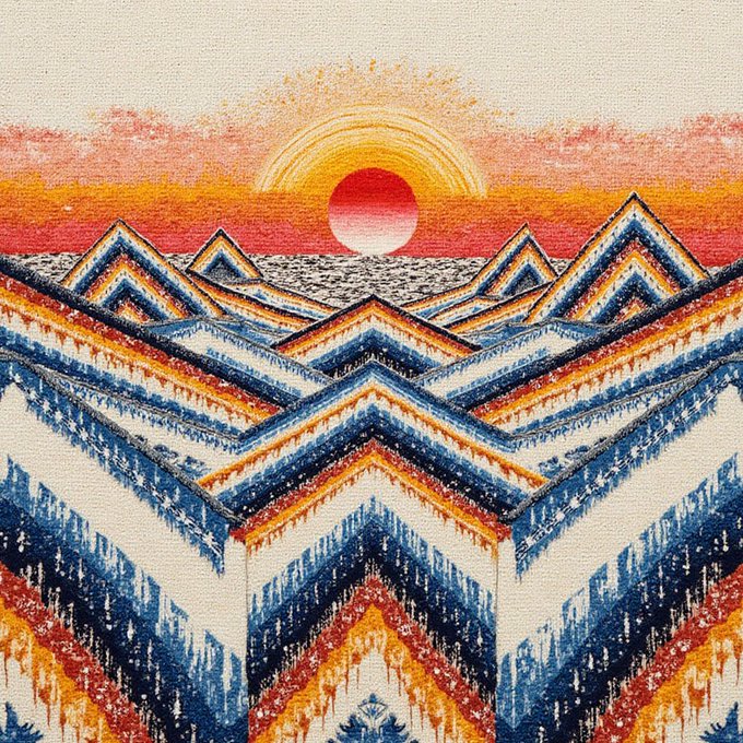 A vibrant, textured painting depicting a red sun setting over a sea composed of sharp, colorful chevron patterns in blues, oranges, and reds.