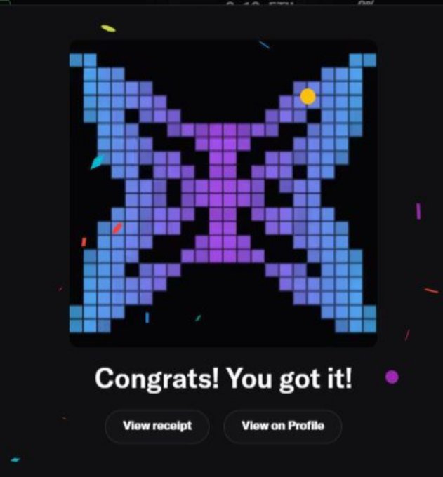 A digital award notification displays a blue and purple pixelated 'X' graphic with the text 'Congrats! You got it!' above 'View receipt' and 'View on Profile' buttons.