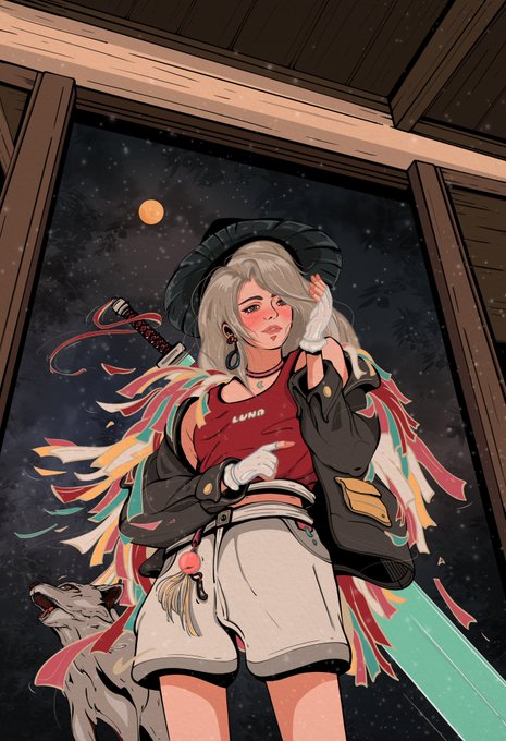 An anime-style illustration of a young woman with light hair wearing a black hat, red 'LUNO' top, and colorful ribbon-like attire, holding a sword with a wolf beside her, set against a starry night sky with a moon.