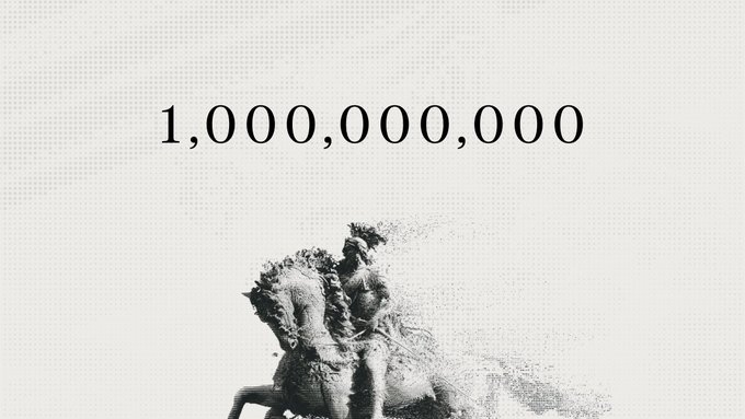 The image displays the number "1,000,000,000" in large text above a black-and-white illustration of a knight on horseback, with the rider and horse appearing to dissolve or fragment into particles.