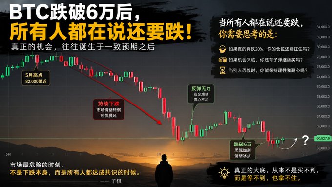 A financial chart showing BTC's decline from the May high of 82,000 with overlaid Chinese text questioning the bearish consensus at the 60,521.9 level, reinforcing the post's theme that "everyone knows it will keep falling" is the moment worth examining. Key annotations highlight the May peak, the continuing downtrend, the post-6万 rebound struggle, and cautionary quotes warning that true bottoms are never unaffordable—just unreachable for those who hesitate.