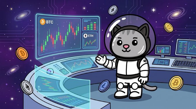 A cute cartoon cat in an astronaut suit standing in a space control room surrounded by BTC and ETH trading charts and floating cryptocurrency coins.