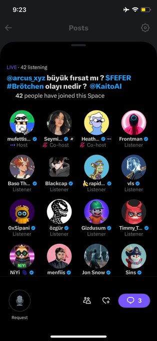 A Twitter Spaces interface showing a live audio room with 42 listeners, featuring users like muffetis, Seymi, Heath, Frontman, Baso, Blackcap, rapid, vls, OxSipani, özgür, Gizdusum, Timmy_T, NiY!, menfis, Jon Snow, and Sins, with Turkish text mentioning '@arcusxyz' and '#Brötchen'.