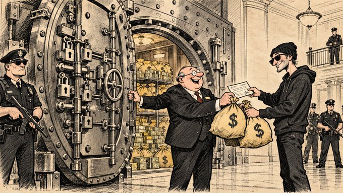 A hand-drawn illustration depicts a banker emerging from a massive vault, handing bags of money (marked with "$") and a document to a hooded hacker, while armed guards stand watch. The scene satirizes the Bitget security breach, where the hacker bypassed private keys to infiltrate the backend system and generate fraudulent transactions totaling ~$351.6M.