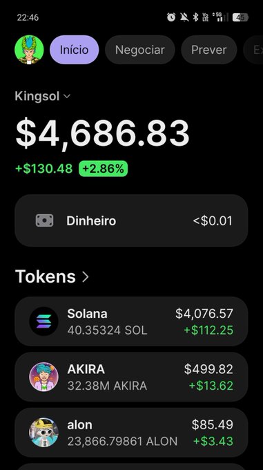 A mobile phone screenshot of a cryptocurrency wallet app displaying a portfolio named 'Kingsol' worth $4,686.83, showing holdings in Solana ($4,076.57), AKIRA ($499.82), and alon ($85.49).