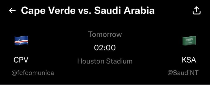 A soccer match announcement between Cape Verde (CPV, @fcfcomunica) and Saudi Arabia (KSA, @SaudiNT) scheduled for tomorrow at 02:00 at Houston Stadium, which appears to be the basis for a prediction giveaway contest where winners correctly guessed the outcome despite most expecting a draw.