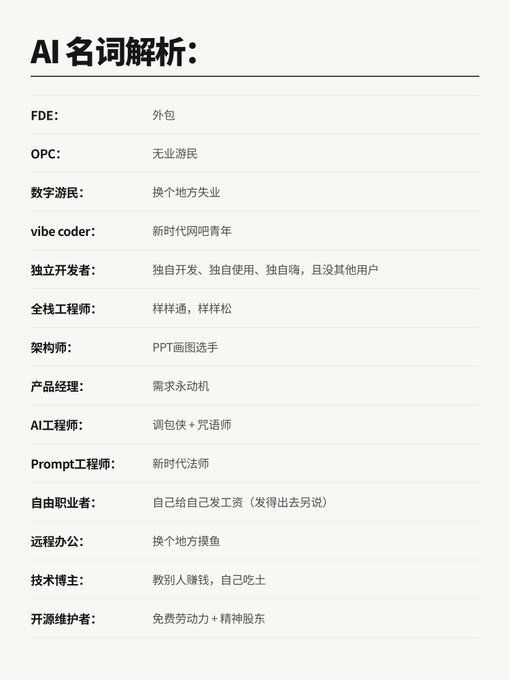 A Chinese-language infographic titled "AI名词解析:" (AI Terminology Analysis) with humorous definitions for terms like FDE, OPC, vibe coder, and 数字游民 (digital nomad).