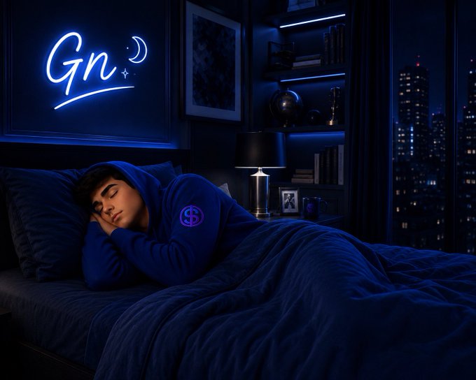A person sleeping in a blue hoodie in a dark bedroom with a neon 'Gn' sign on the wall and a city skyline visible through the window.