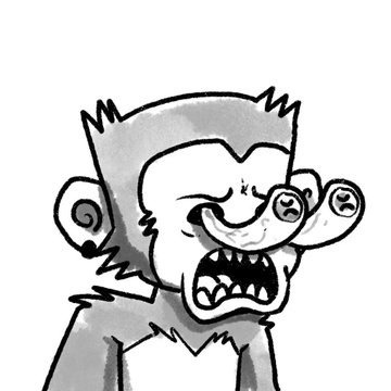 A grayscale cartoon drawing of a wide-eyed, grimacing character with spiky hair, an open mouth showing sharp teeth, and a spiral ear design.