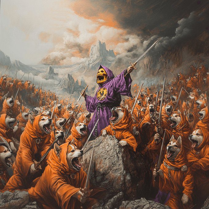 A fantasy-style painting depicting Skeletor from He-Man leading an army of corgi dogs dressed in orange hooded robes and wielding swords, reminiscent of a Renaissance battle scene.