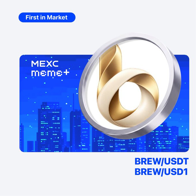 MEXC Meme+ promotional graphic featuring a gold "b" emblem over a blue cityscape skyline, highlighting BREW/USDT and BREW/USD1 as the first-in-market trading pairs now available on the exchange.