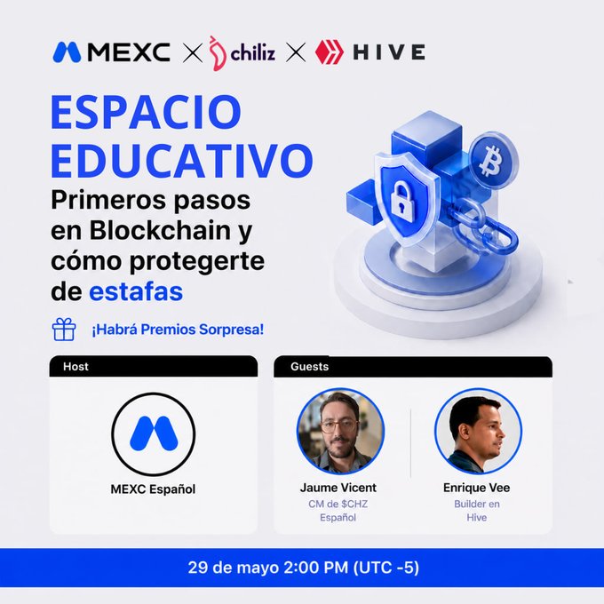 The image features a poster for an event titled "ESPACIÓO EDUCATIVO PRIMEROS PASOS EN BLOCKCHAIN Y COMO PRETEGRITERTE DE ESTAFAS". The poster includes information about the event, such as its date and location. It also highlights the presence of three speakers: Jaume Vicent, Enrique Vee, and MEXC. Additionally, there is a logo for MEXC Espaol on the poster.