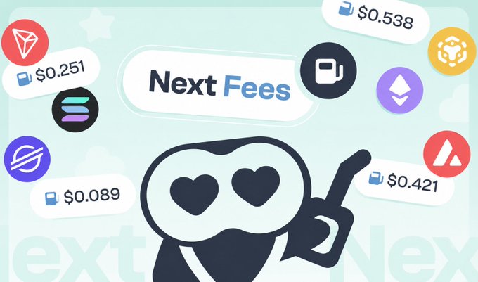 A graphic for 'Next Fees' displaying cryptocurrency gas prices with logos including Tron, Solana, Ethereum, and others, alongside a cartoon character with heart-shaped eyes.