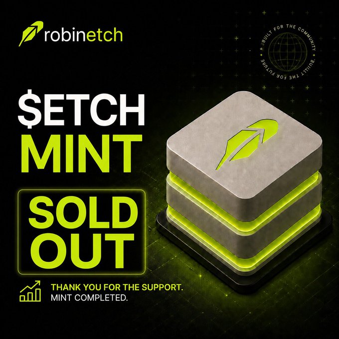 A promotional graphic from robinetch announces that the $ETCH mint has officially sold out, featuring stacked stone-like tiles with the green Robin logo and a "SOLD OUT" badge against a dark green background, thanking the community for their support.