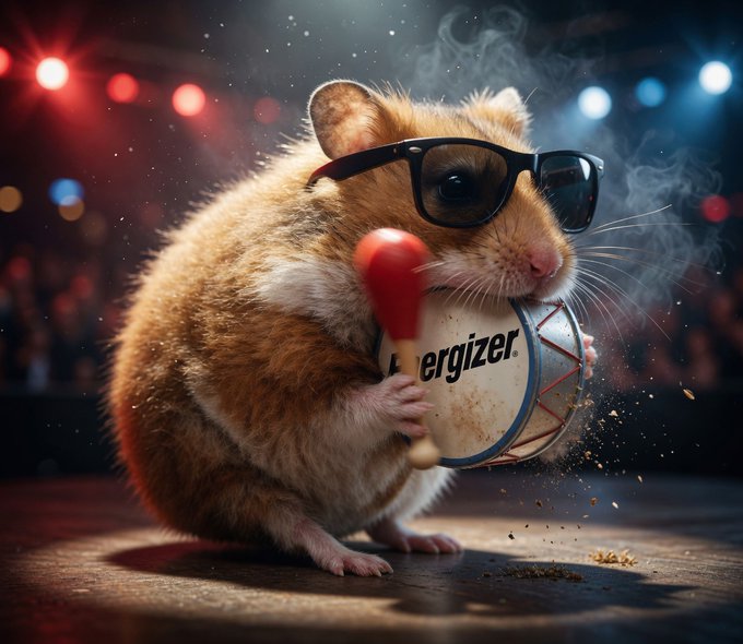 A digital illustration of a hamster wearing sunglasses, playing a red drum and a drum labeled 'Energizer' on a stage.
