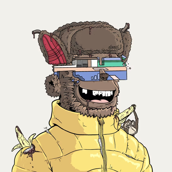 A digital illustration of a furry monkey character wearing VR goggles and a yellow puffer jacket, with a banana peel on its shoulder and flies buzzing around.