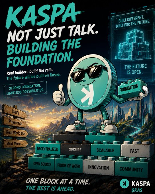 Kaspa ($KAS) promotional poster featuring a teal coin mascot wearing sunglasses, reading 'Not Just Talk. Building The Foundation' with keywords like 'Decentralized,' 'Secure,' 'Scalable,' and 'Fast.'