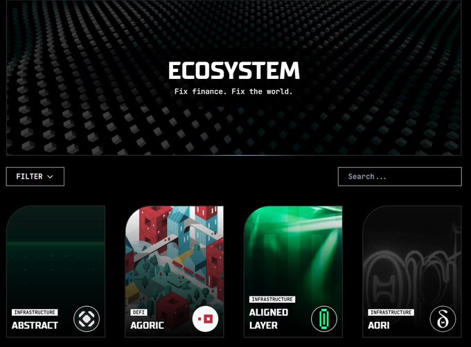 An 'ECOSYSTEM' webpage with the tagline 'Fix finance. Fix the world.' showing project cards for ABSTRACT, AGORIC, ALIGNED LAYER, and ADORI under the infrastructure category.