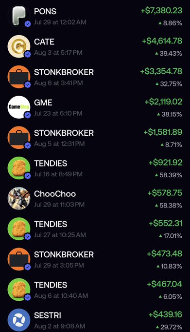 A trading app interface displaying a list of cryptocurrencies/memes (PONS, CATE, STONKBROKER, GME, TENDIES, ChooChoo, SESTRI) with their gains and percentage increases in green.