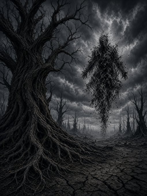 A dark, monochromatic digital artwork depicts a figure dissolving into swarming particles beneath a stormy sky, next to a gnarled tree with exposed roots on cracked earth.