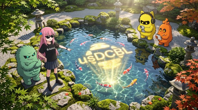 A pink-haired anime character in an "Aptos" t-shirt and three colorful mascots gather around a serene koi pond, where a glowing "USDCBL" logo shines through the water alongside swimming fish. The tranquil garden setting visually reinforces the post's message of value preservation, symbolizing usDCBL's stability as a cash-and-treasuries-backed asset on the Aptos blockchain.