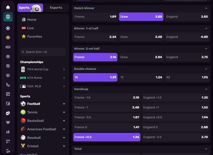 This image shows a betting interface on Dexsport, displaying odds for the France vs. England World Cup third-place match. The various betting options, such as "Match Winner" and "Handicap," directly relate to the user's research for the game mentioned in the post.