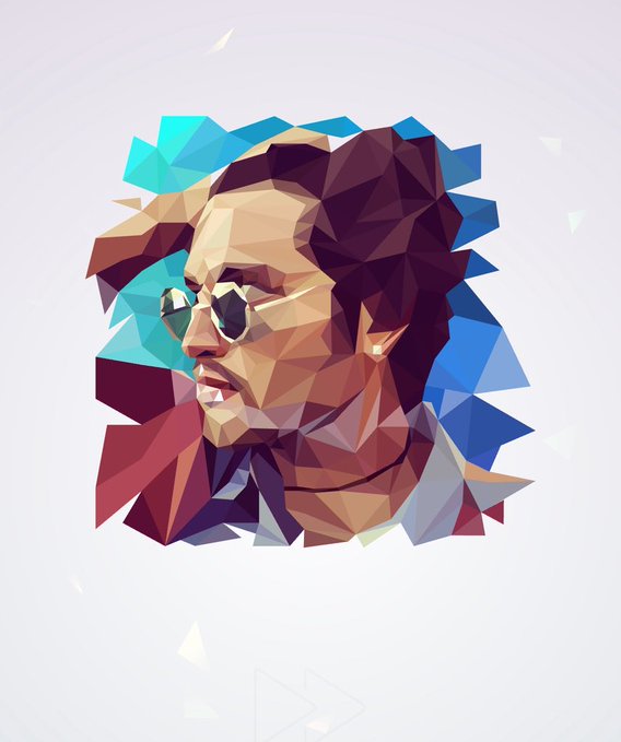 A low-poly geometric digital art portrait of a person wearing sunglasses, composed of multicolored triangular facets in blue, brown, and beige tones.