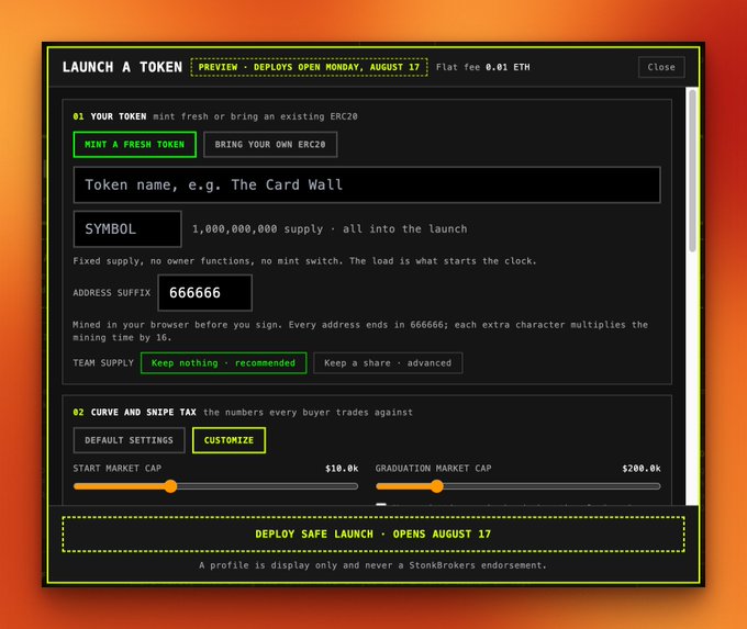 A web interface titled 'LAUNCH A TOKEN' with details like 'PREVIEW · DEPLOYS OPEN MONDAY, AUGUST 17', showing settings for token name, symbol, supply, and market caps.