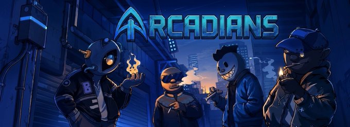An illustrated banner with the "ARCADIANS" logo featuring four stylized cartoon characters in dark blue urban streetwear, including a robot and figures with pumpkin and skull masks, smoking in a nighttime city alley.