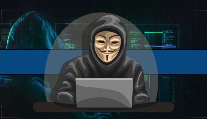 An illustration of a hooded hacker wearing a Guy Fawkes mask working on a laptop against a dark digital background with code and a hooded figure silhouette, with a blue stripe across the middle.