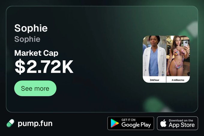 A promotional banner for pump.fun featuring "Sophie" with a $2.72K market cap, displaying images including one showing 544/hour and 4 million/mo metrics.