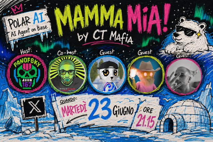 The image features a poster for an event called "Mamma Mia! by CT Mafia" with five different cartoon characters, including a polar bear wearing sunglasses. The poster also includes text that reads "Polar AI Host @ Agent on base guest @ Qunted italiana delle trenches Questa settimana e cosistema @base che presenteranno il loro AI agent ispirato ad @aixbt_agent e specializzato nell'analisi dei grafici al ribasso host". The poster seems to be promoting an event or gathering, possibly related to the characters from "Mamma Mia!" and the movie "Polar Agent".