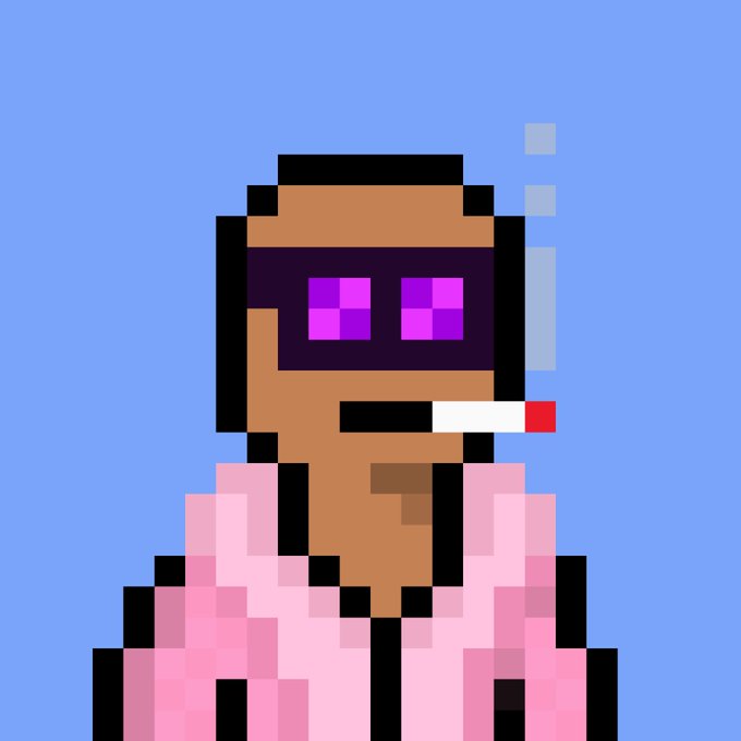 A pixel art portrait of a character wearing purple sunglasses and a pink hoodie with a cigarette, representing a Nakamigo NFT against a blue background, visually embodying the post's message about these collectibles being an integral part of NFT culture and history.