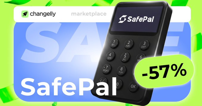 A Changelly marketplace promotional image showing a SafePal hardware wallet device with a large '-57%' discount tag displayed against a blue and green background.