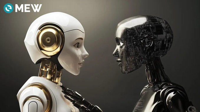 Two humanoid robots face each other—one white and gold, the other dark metallic—with the 'MEW' logo in the top left corner.
