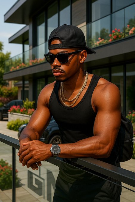A muscular man wearing a black tank top, backward black cap, sunglasses, and gold chains leans against a railing in front of a modern building with large windows.
