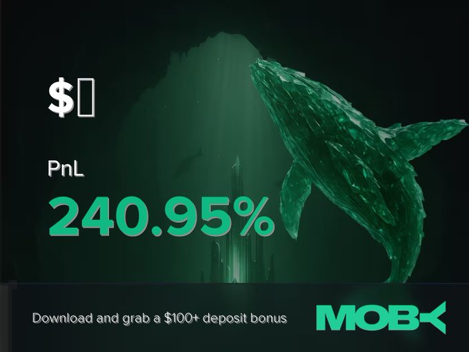 A Moby Mobile promotional graphic celebrating a trader's win, featuring a green whale underwater with the text "PnL 240.95%" and a banner inviting users to "Download and grab a $100+ deposit bonus."