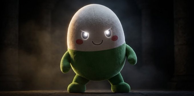 A 3D-rendered plush-style character with a white egg-shaped head, glowing white eyes, a smiling mouth, rosy cheeks, and a green body, standing in a dark, smoky environment.