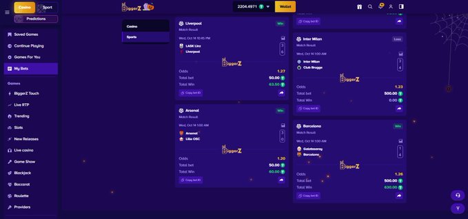 The image shows a BiggerZ sports prediction dashboard displaying four upcoming matches (Liverpool vs Ipswich, Inter Milan vs Club Brugge, Arsenal vs Litec UDG, and Queensland vs Borussia Dortmund) with their respective odds, betting limits, and a wallet balance of $2,204,047.71. The post reflects on the excitement of making successful sports predictions on the platform, with this dashboard showcasing the variety of match odds available for users to bet on.
