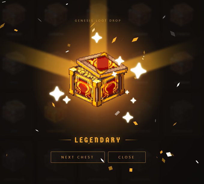 A pixelated golden treasure chest opens with a "GENESIS LOOT DROP" banner and a "LEGENDARY" label, surrounded by sparkling particles and options to "NEXT CHEST" or "CLOSE." This celebratory loot reveal visually reinforces the post's message about checking airdrop eligibility for previous Cambria seasons, presenting it as a rewarding digital giveaway.