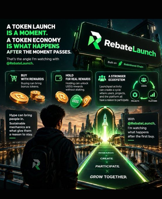 A RebateLaunch promotional graphic on Robinhood Chain explaining that a token economy is what happens after launch, highlighting buying with rewards, holding for real rewards, and building a stronger ecosystem, with text "RESEARCH CREATE PARTICIPATE GROW TOGETHER".