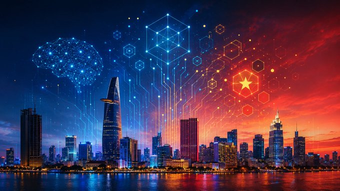 A digital artwork shows a city skyline at sunset overlaid with glowing hexagonal patterns, a brain network graphic, and a star emblem in red and blue.