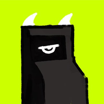 A minimalist black character with white horns and a single white eye on a bright neon green-yellow background.