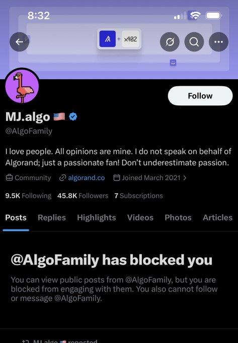 A screenshot of an X (Twitter) profile for 'MJ.algo 🇺🇸' (@AlgoFamily) showing they have blocked the viewer, with a bio that reads 'I love people. All opinions are mine. I do not speak on behalf of Algorand; just a passionate fan! Don't underestimate passion.'
