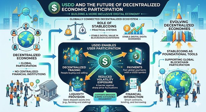 The image presents a detailed flow chart that illustrates the process of centralizing and then decentralizing economies through the use of stablecoins, which are digital tokens linked to real-world assets like money or property. The diagram explains how these stablecoins can create new opportunities for participation in decentralized economies without entirely relying on centralized financial institutions. It showcases the benefits stability coins offer by helping people engage with the global economy more easily and securely.