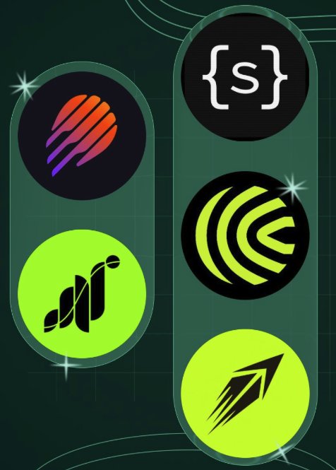 A graphic featuring four circular icons with various symbols, including '{s}', a stylized hand, leaves, and an arrow, set against a dark green background.