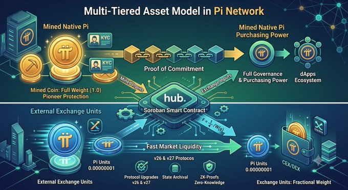 The image illustrates Pi Network's multi-tiered asset model, showing how Mined Native Pi (Full Weight 1.0 with KYC and Pioneer Protection) transitions through a hub using Soroban Smart Contracts to become Exchange Units (Fractional Weight 0.00000001 Pi Units) for CEX/DEX integration, featuring Protocol Upgrades (v26 & v27), State Archival, ZK-Proofs, and F = f^Q(x) formulas that enable Fast Market Liquidity and dApps Ecosystem while maintaining full governance and purchasing power.