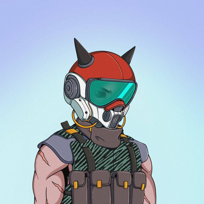 A digital illustration of a muscular character wearing a red spiked helmet with a green visor, a tactical vest with pouches, and a brown face covering against a blue sky background.